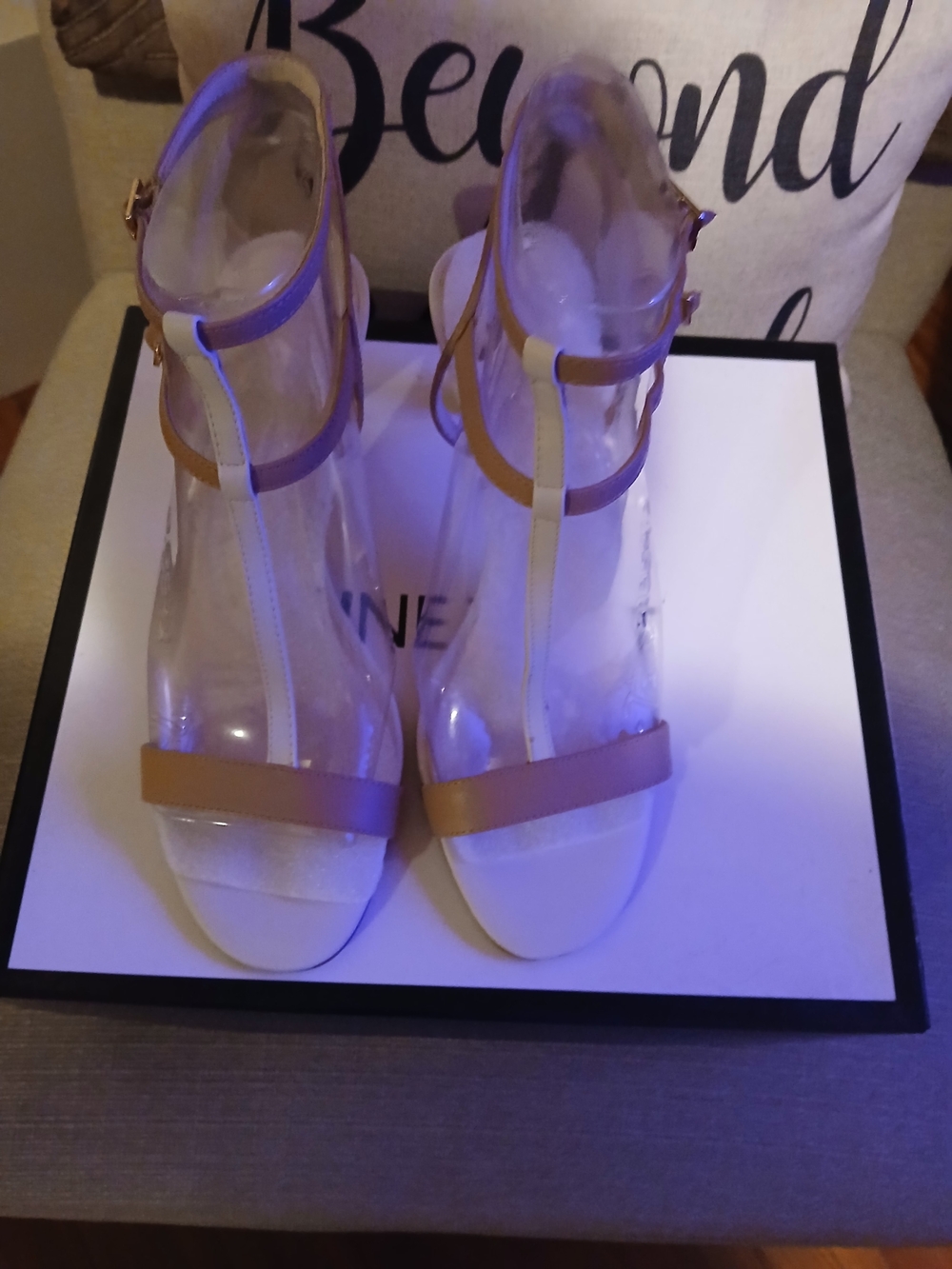 Nine West T-Strap Open Toe Heels in Tan
